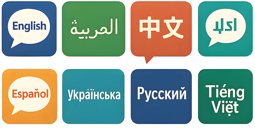 Icons showing the word ‘language’ in eight languages: English, Arabic, Chinese, Urdu, Spanish, Ukrainian, Russian, and Vietnamese, each inside a colorful speech bubble.
